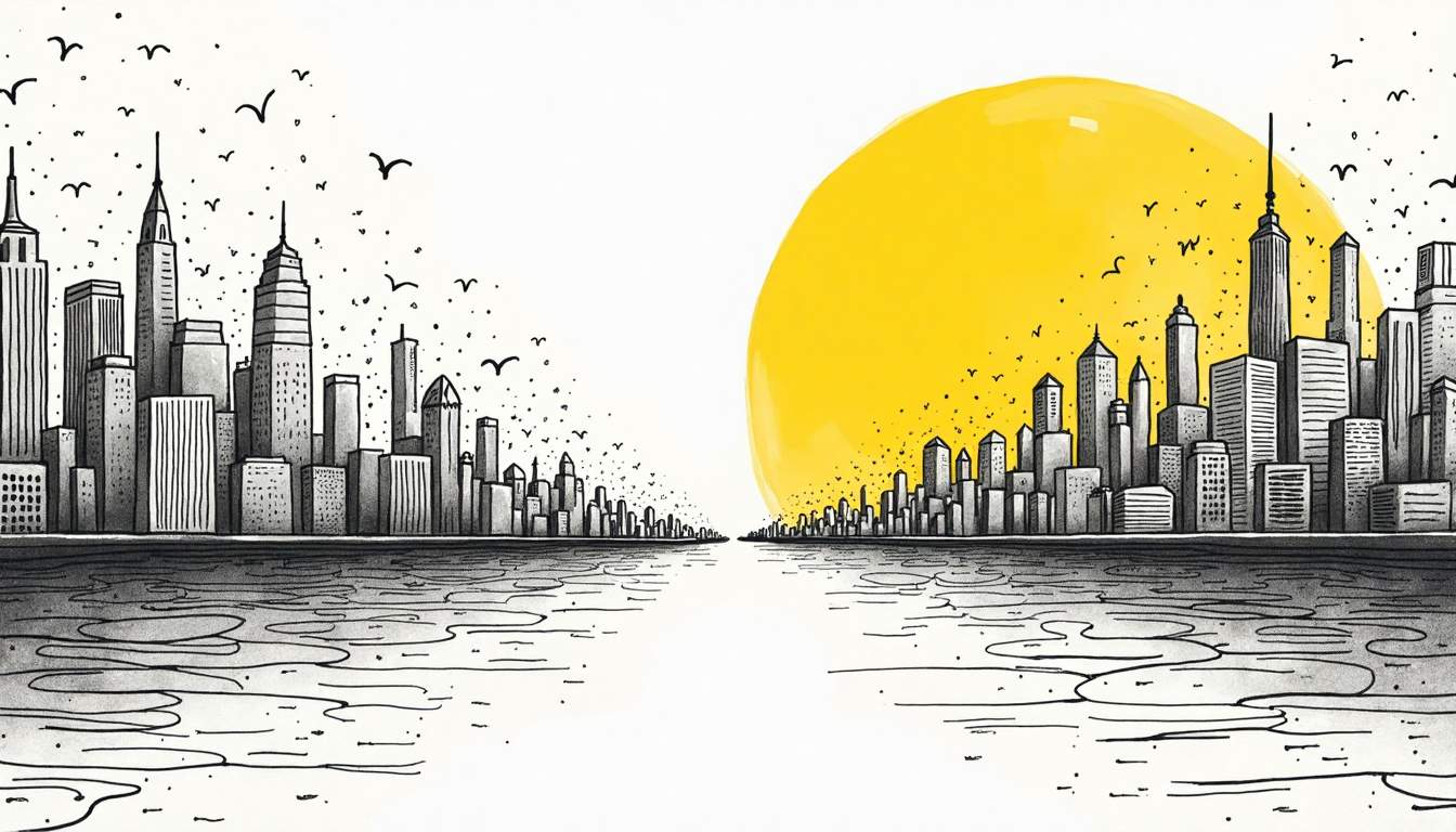 A split landscape that contrasts a bustling