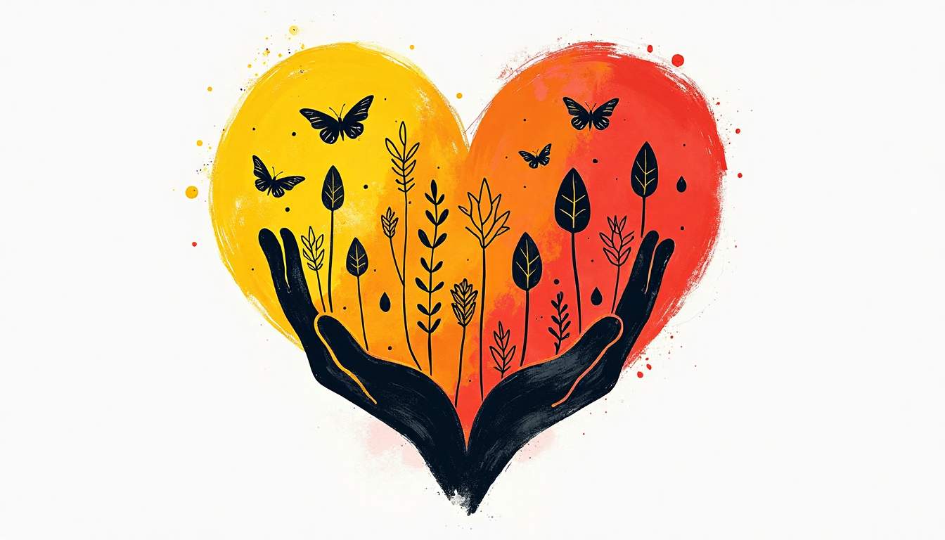 An abstract heart intertwined with various symbols representing different emotions