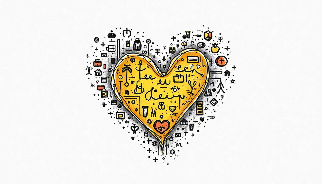 An abstract heart shape intertwined with various brand symbols and icons