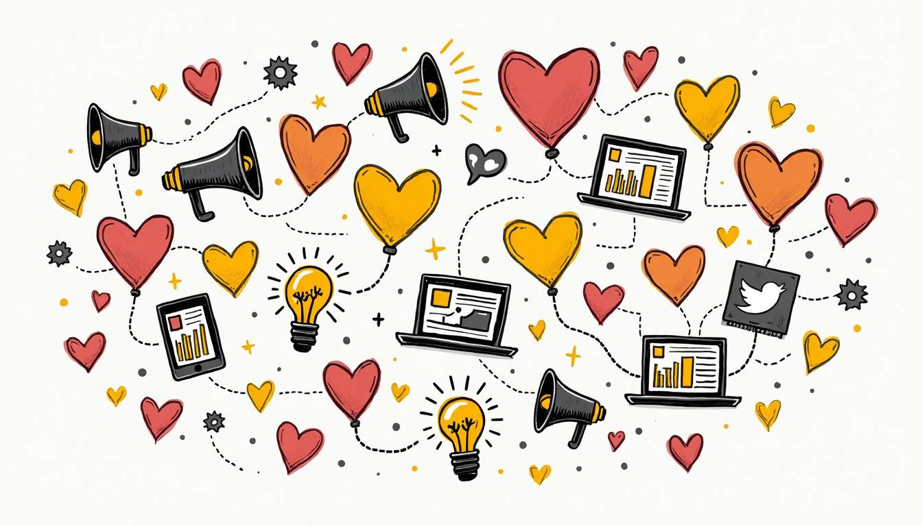 An interconnected web of colorful hearts and marketing tools