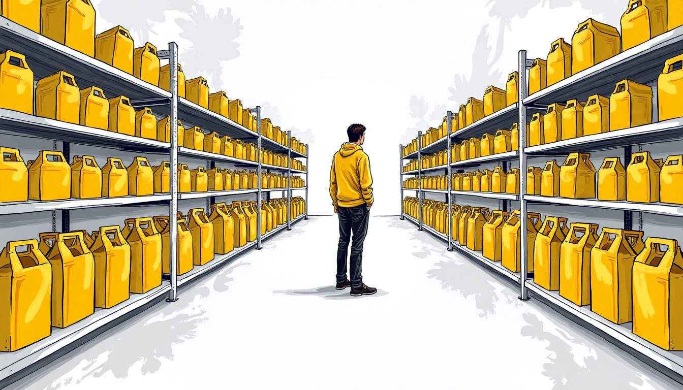 A crowded marketplace filled with identical products on shelves