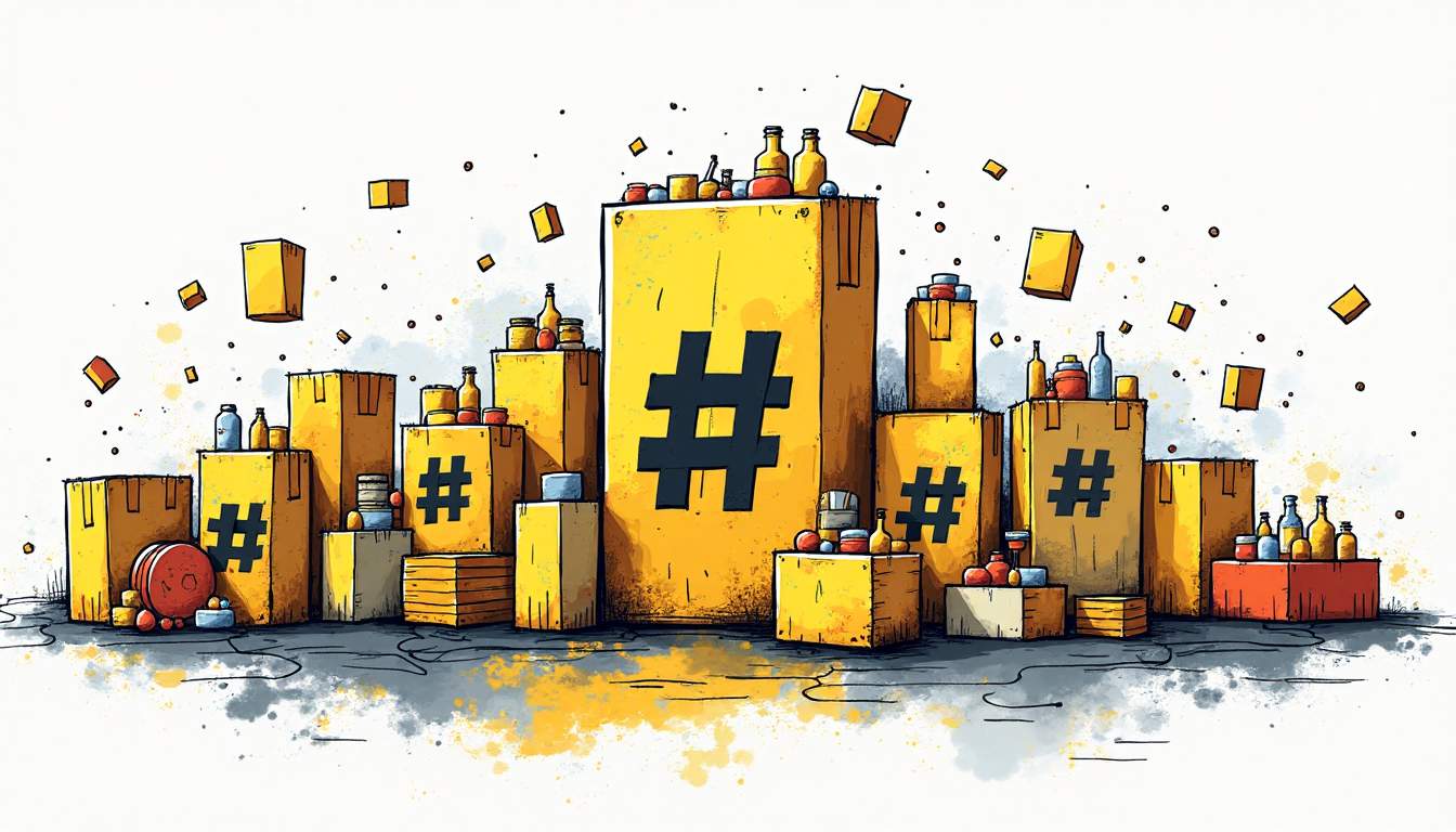 An abstract representation of a bustling marketplace filled with various product boxes and vibrant colors