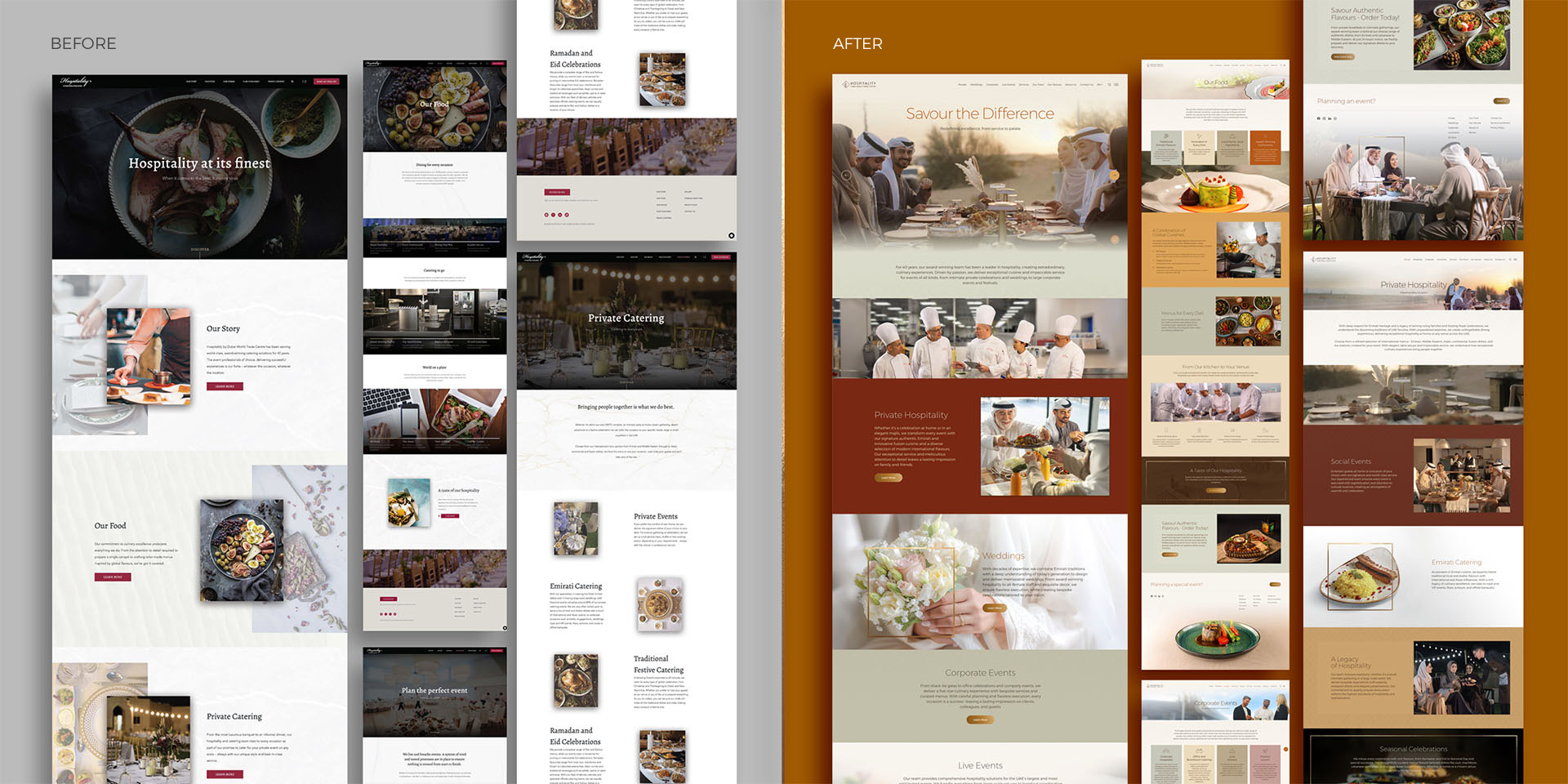 Side-by-side comparison of DWTC Hospitality’s old and new website designs, showcasing the transformation of the brand identity.