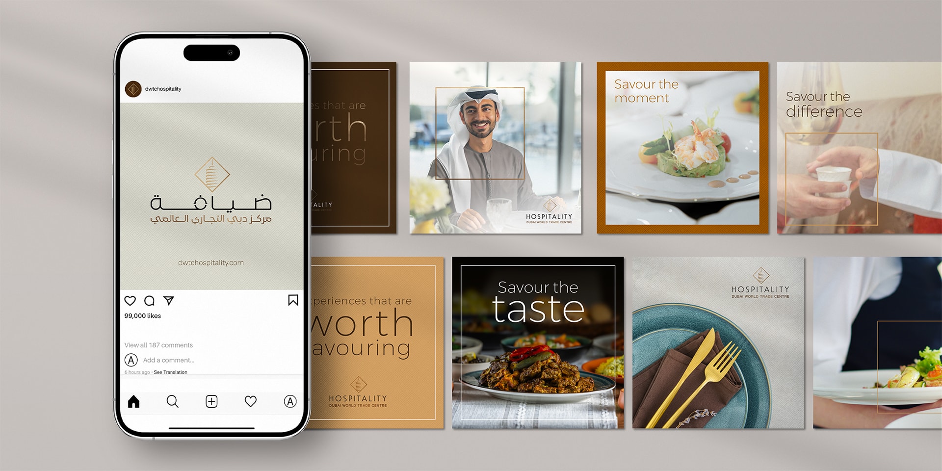 Series of DWTC Hospitality social media posts featuring the new brand identity, sophisticated food photography, and the messaging “Savour The Difference,” highlighting culinary diversity and premium event catering in Dubai.