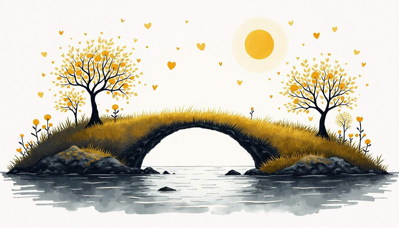 An abstract representation of a bridge connecting two distinct landscapes: one depicting the structured