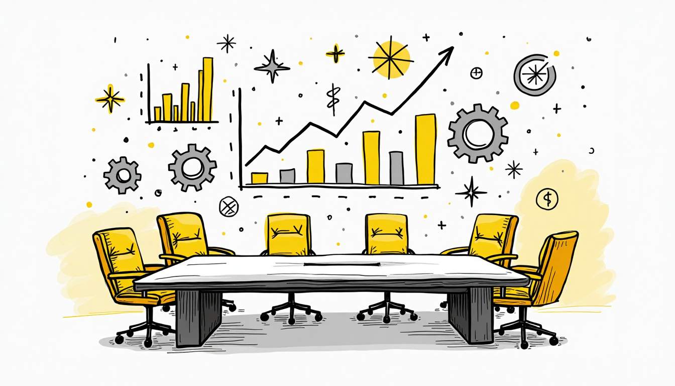 An abstract representation of a corporate boardroom with a large table at the center