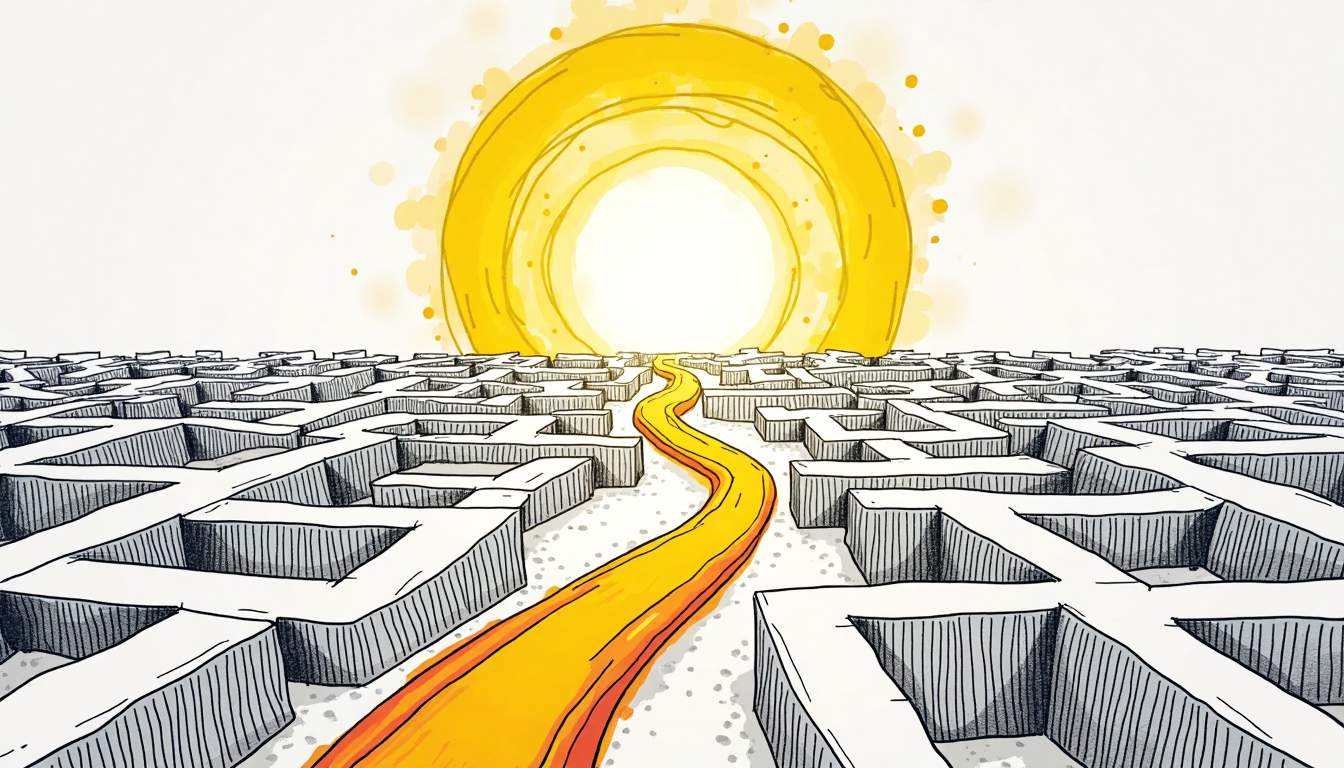 An abstract maze with vibrant pathways leading to a central