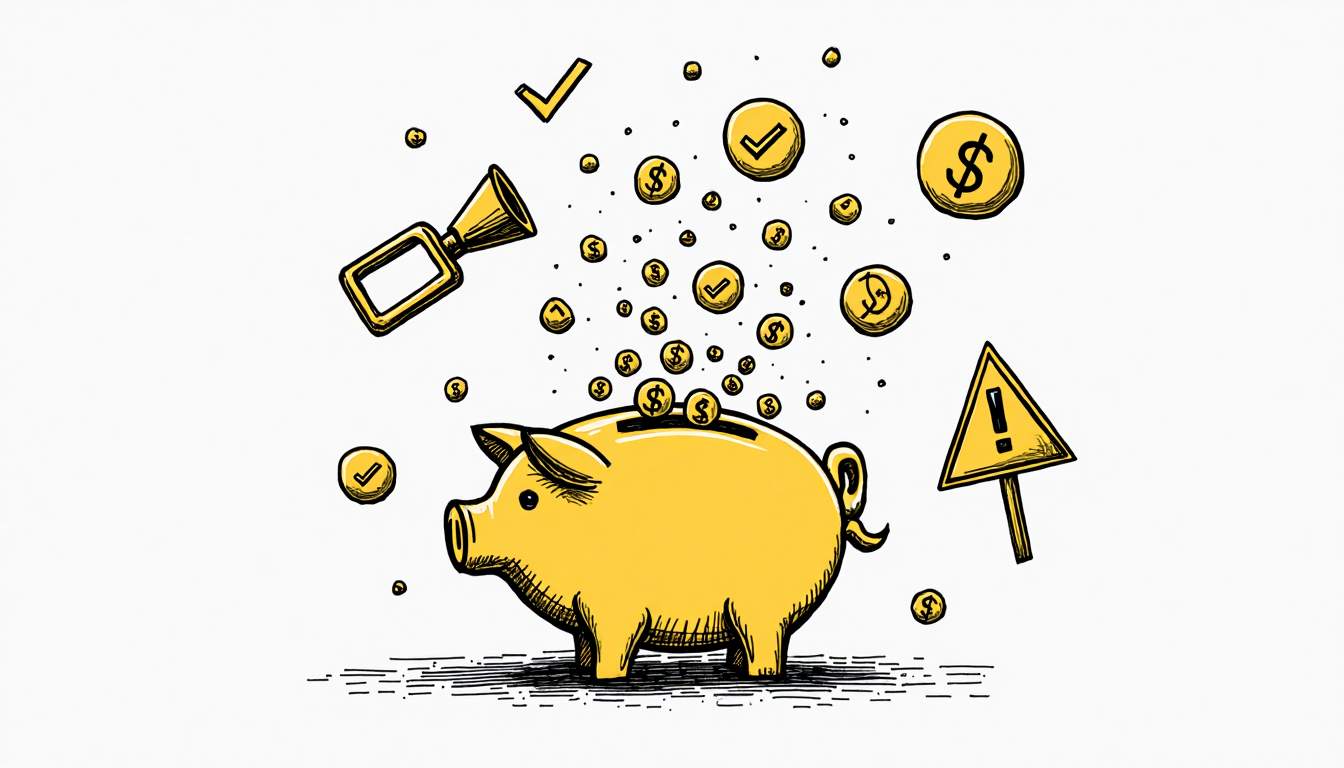 An overflowing piggy bank surrounded by various marketing tools and compliance symbols