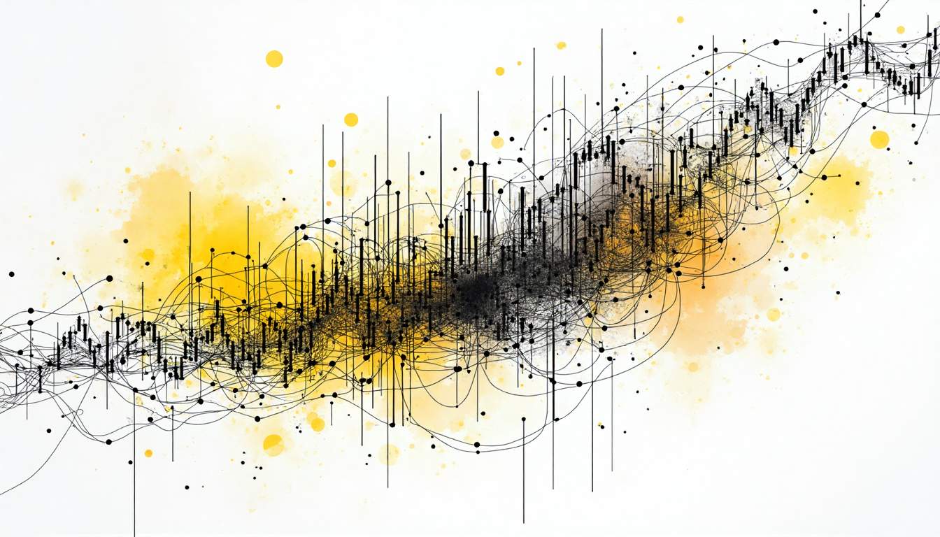 An abstract representation of a tangled web of data points and graphs