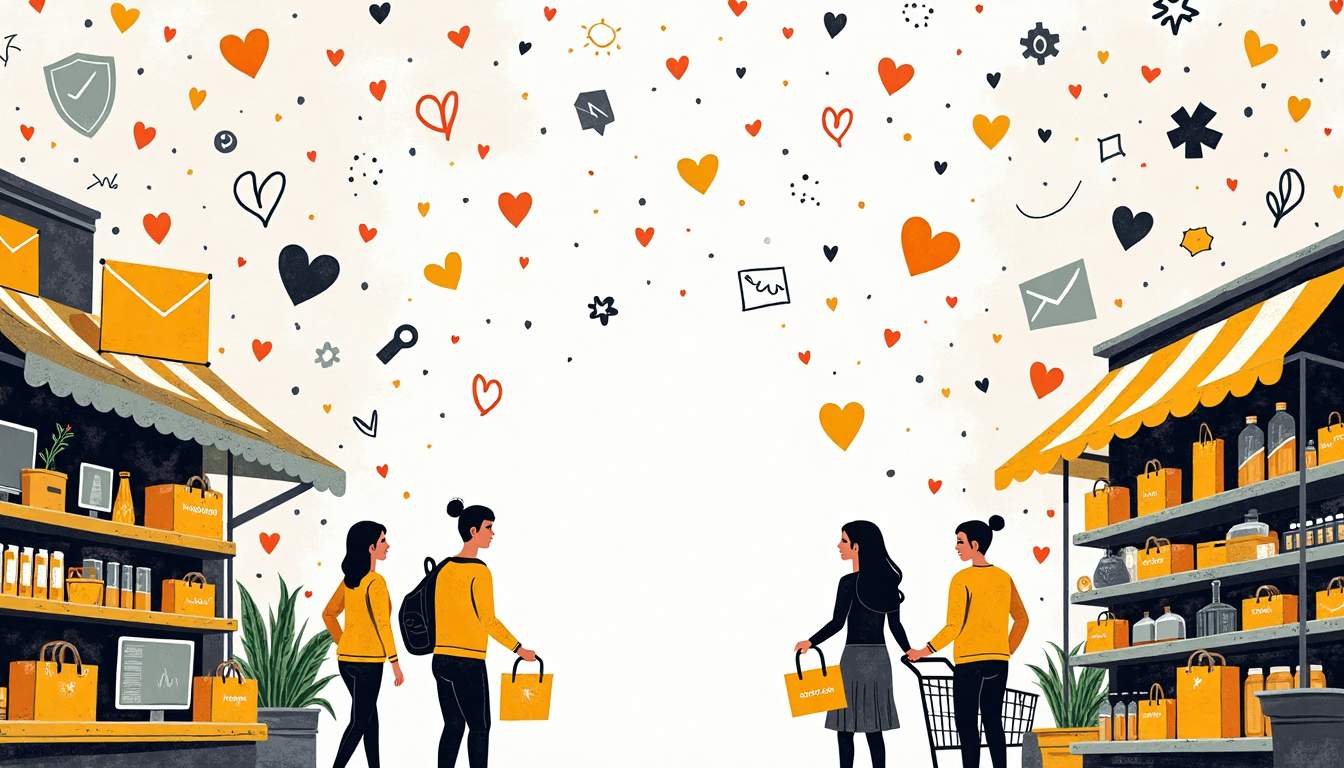 A vibrant marketplace scene with various products and services competing for attention