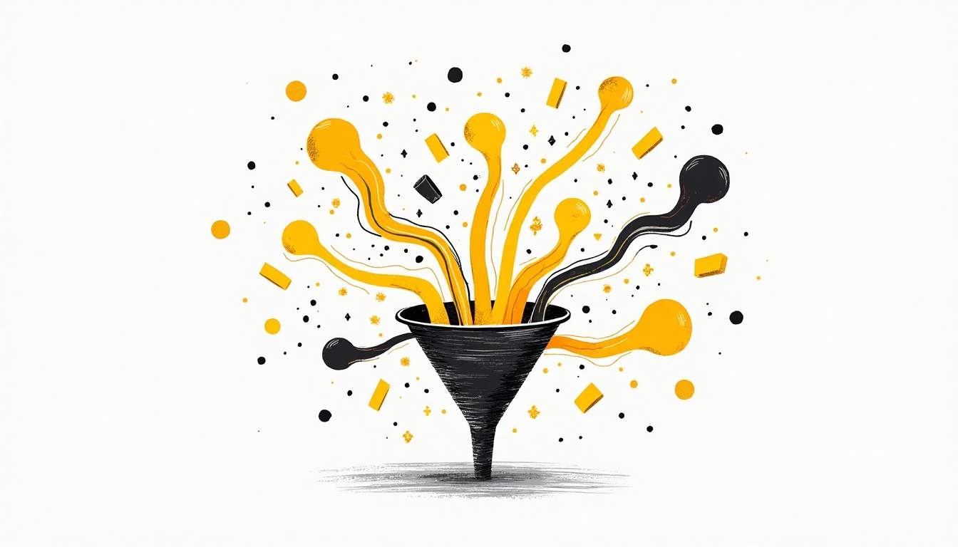 An abstract funnel that morphs into a series of interconnected pathways and vibrant