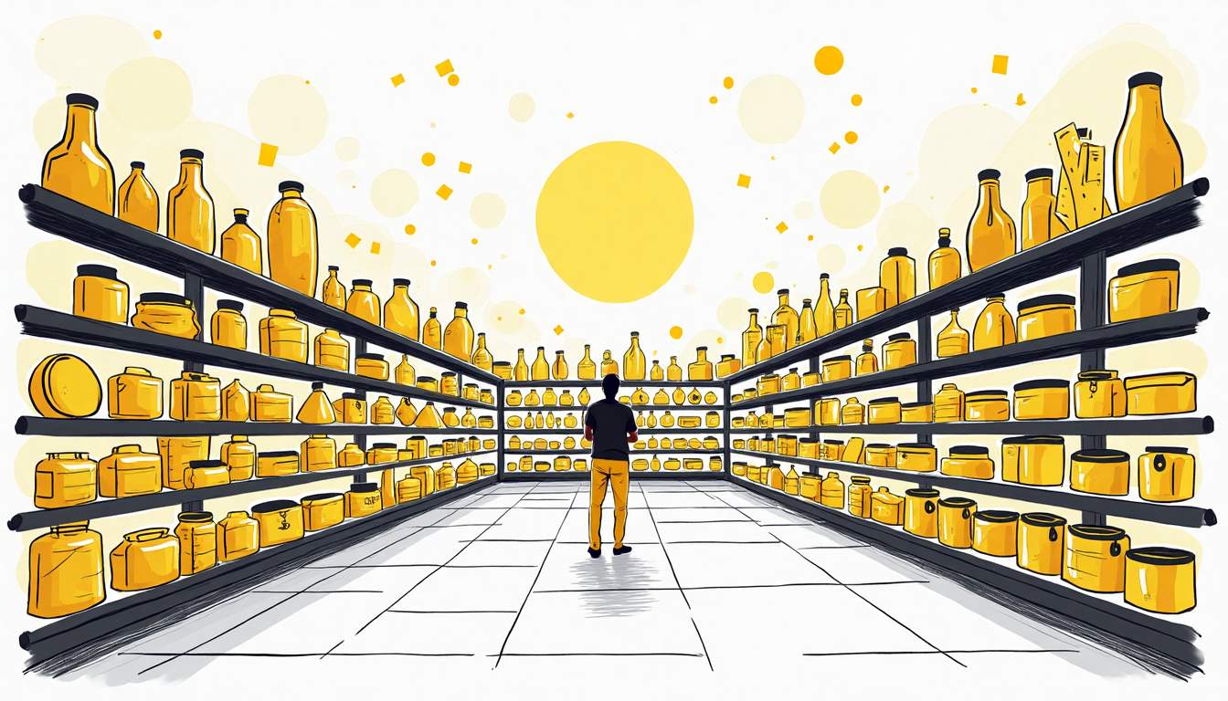 A vibrant marketplace filled with various identical products on shelves