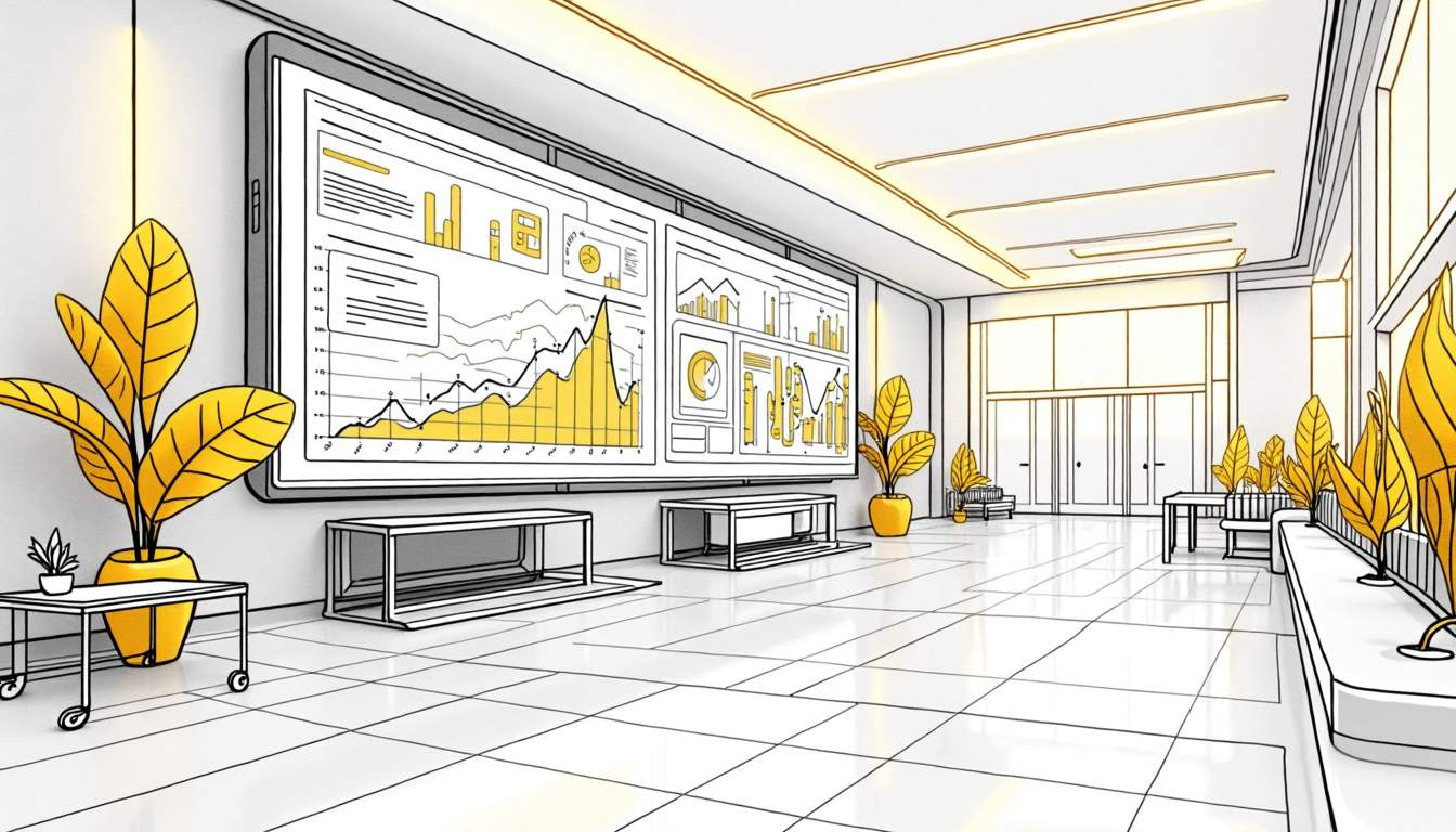 Draw an illustration of a futuristic healthcare facility with advanced data visualization screens displaying predictive analytics graphs and charts