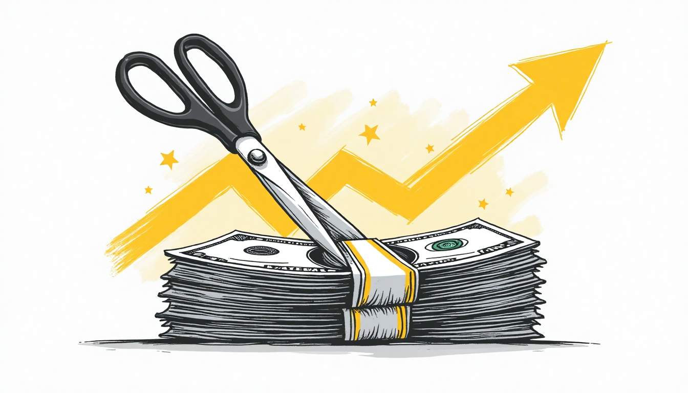 A pair of scissors cutting through a large stack of cash