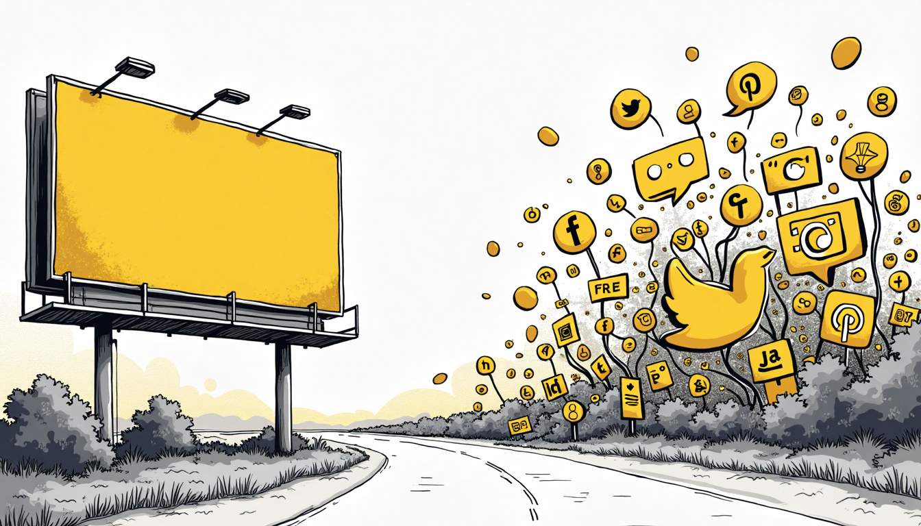 A surreal landscape where traditional marketing tools like billboards and print ads are overshadowed by oversized