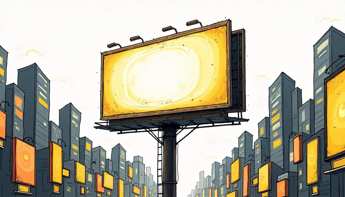 A fading billboard in a bustling cityscape