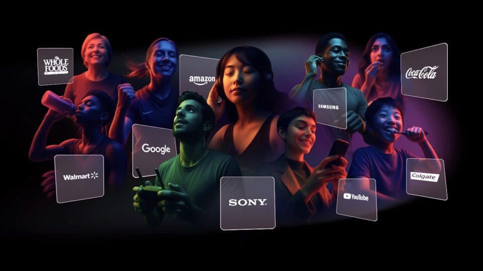 Diverse group of people using tech devices, surrounded by floating logos of major brands like Amazon, Google, Walmart, Sony, Samsung, Coca-Cola, Whole Foods, YouTube, and Colgate.