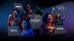 A collage of excited people with Disney Plus, ESPN, Hulu, and Disney logos, representing The Walt Disney Company’s streaming services.