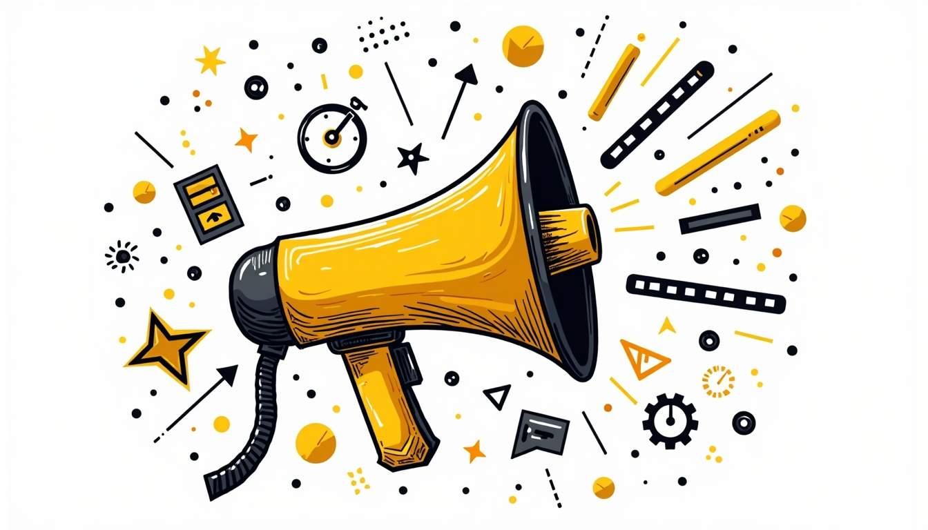 A vibrant megaphone surrounded by various colorful sound waves and icons representing different brand elements