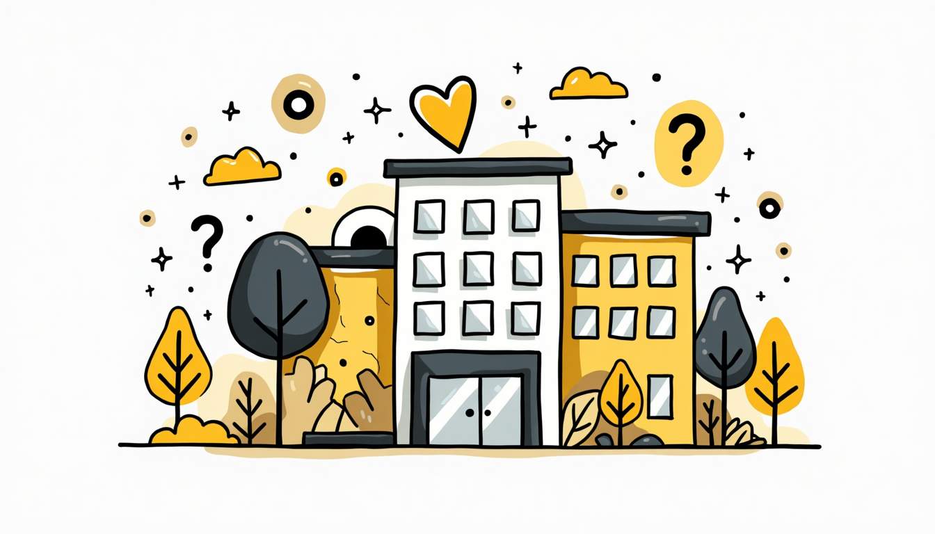 An abstract representation of a healthcare facility intertwined with symbols of trust