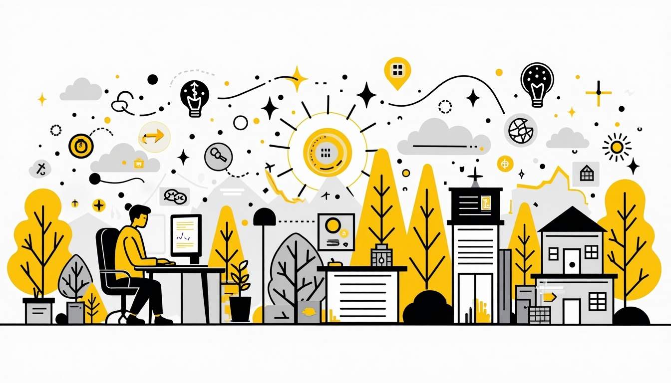 An abstract representation of a corporate landscape blending traditional office elements with remote work symbols