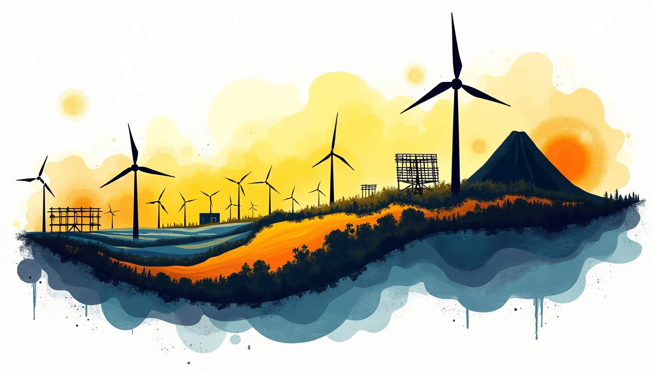 An abstract representation of a landscape transitioning from traditional energy sources