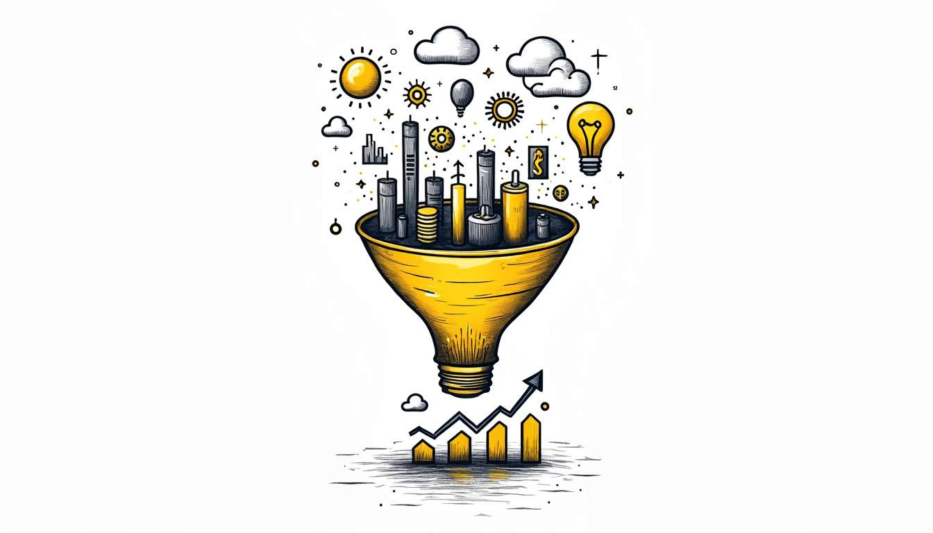 An abstract representation of a marketing funnel filled with various intangible elements like clouds
