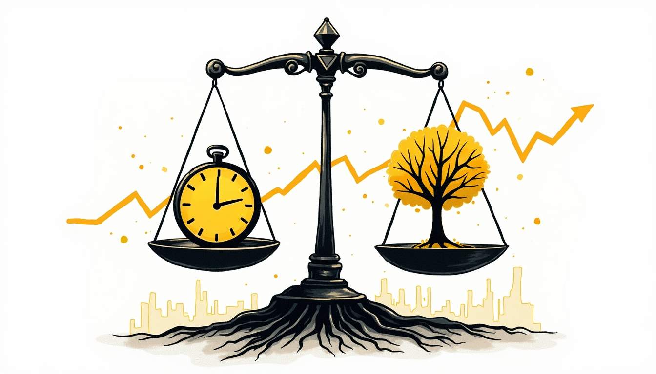 A balancing scale where one side features a clock representing short-term results and the other side showcases a tree with deep roots symbolizing long-term brand building