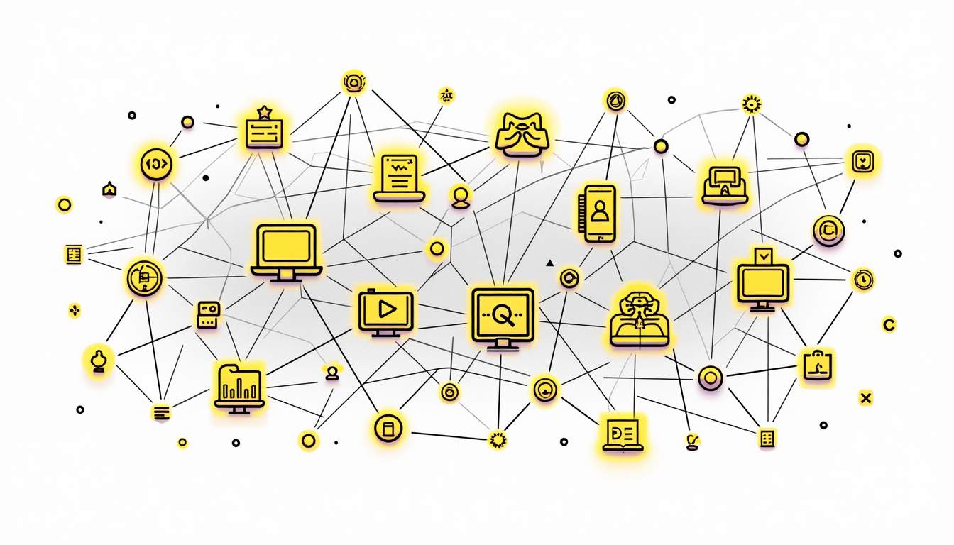An intricate web of interconnected data points and digital icons