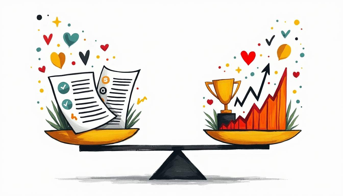 An abstract balance scale where one side is weighed down by short-term financial reports and the other side is lifted by vibrant