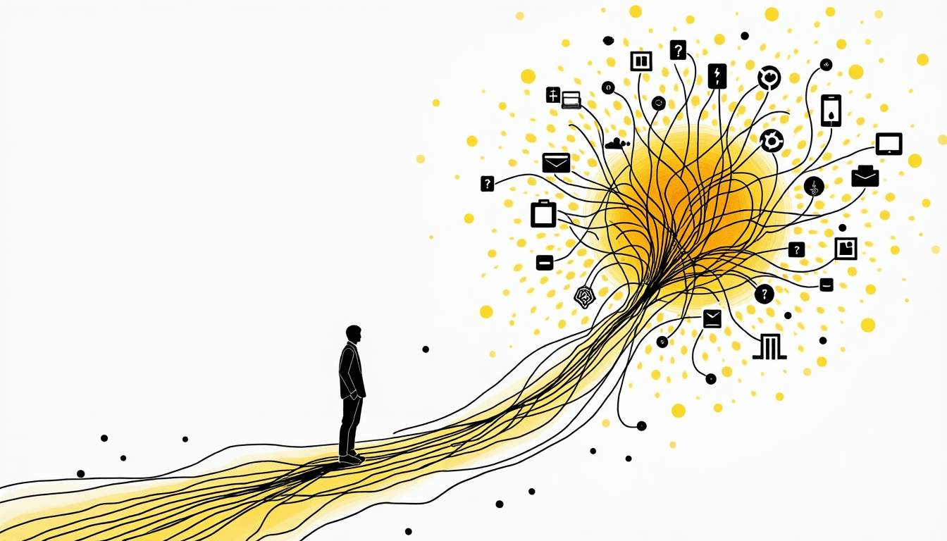 An abstract representation of a tangled web of communication lines and digital devices