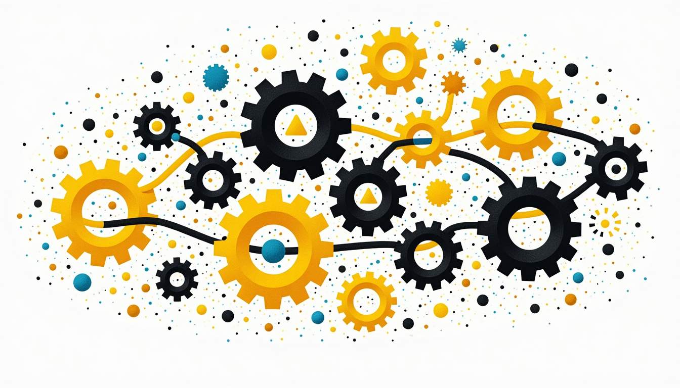 An abstract representation of interconnected gears and pathways