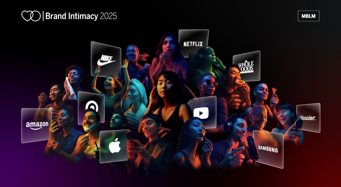 A diverse group of people interact with digital devices, surrounded by floating logos of major brands like Amazon, Apple, Nike, Netflix, Samsung, and Whole Foods.