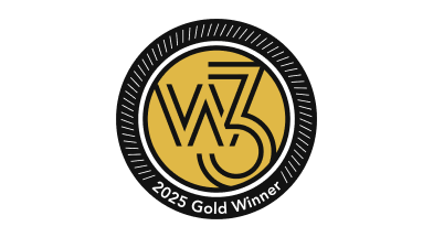 Circular gold and black badge featuring "W3" in the center and the text "2025 Gold Winner" at the bottom.