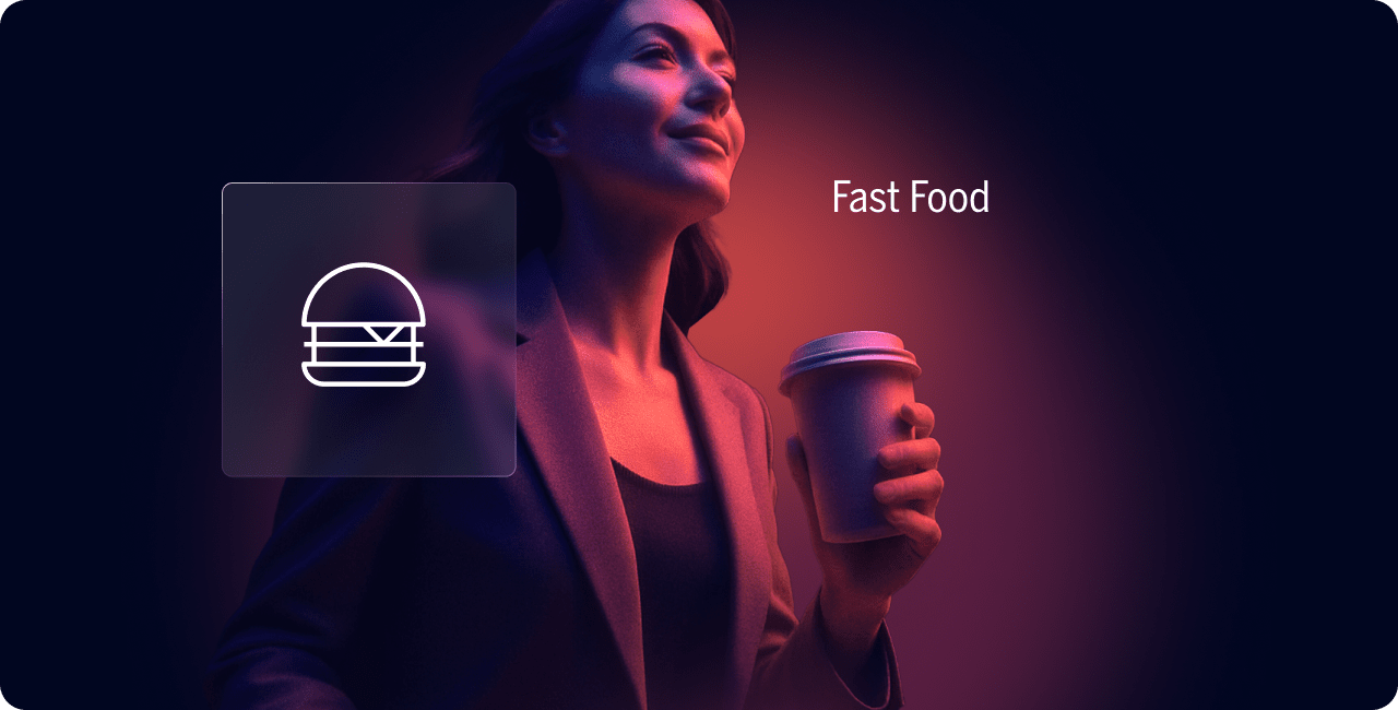 A woman holding a cup walks forward; a hamburger icon and the words "Fast Food" are displayed beside her against a purple and red gradient background.