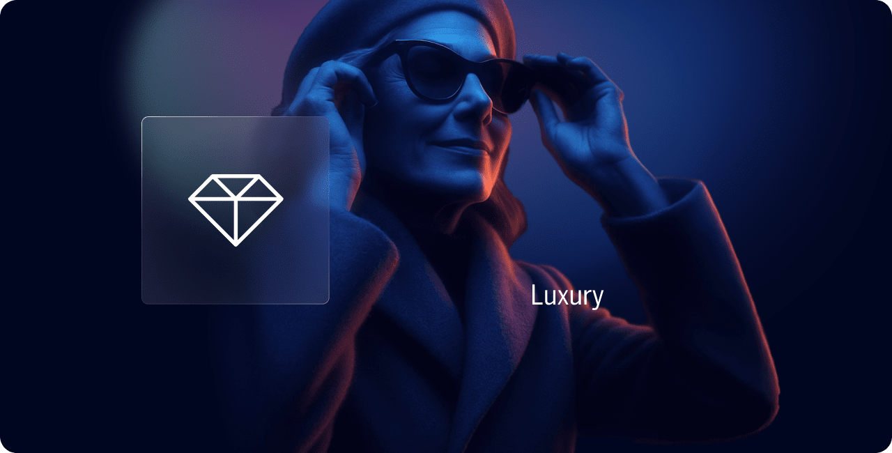 A person in a coat and beret puts on sunglasses in dramatic lighting. A diamond icon and the word "Luxury" appear beside them.