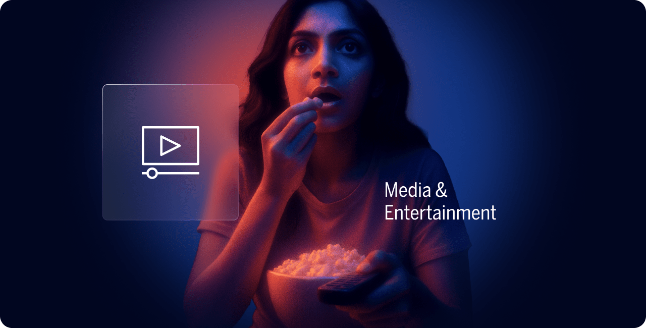 A woman eating popcorn watches a screen, with an icon of a play button and the text "Media & Entertainment" displayed beside her.