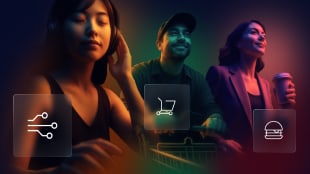Three people engaged in different activities with digital icons overlayed, including a circuit, shopping cart, and burger, symbolizing technology, shopping, and food.